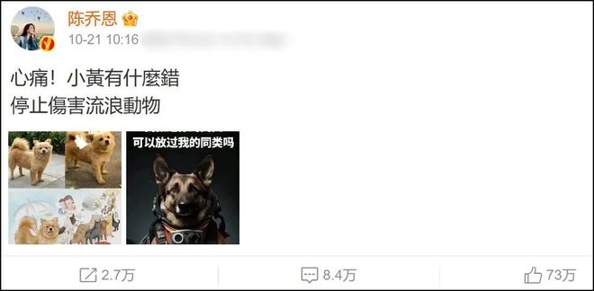 陈乔恩新增一张小狗图片，图片上写道：“我救过你的同类，可以放过我的同类吗？”