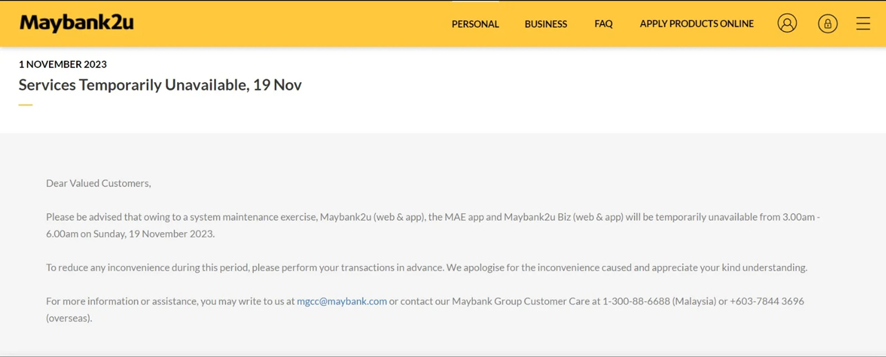 11月3次维修 Maybank2U 用户留意啦