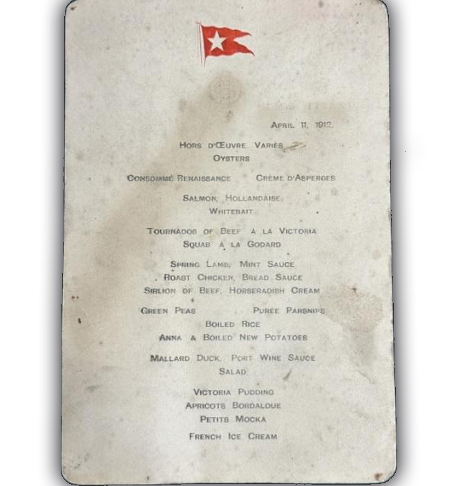 “铁达尼号”1912年4月11日头等舱晚餐菜单拍卖，以8.4万英镑成交。