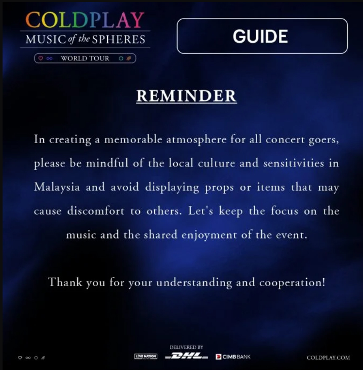 Coldplay雅加达开唱遭呛“烧舞台” 大马主办方：勿带敏感物| 中國報China Press