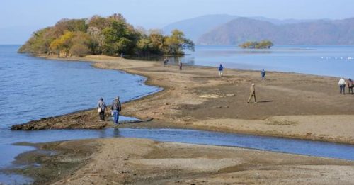 日本琵琶湖水位下降 民众可徒步至小岛
