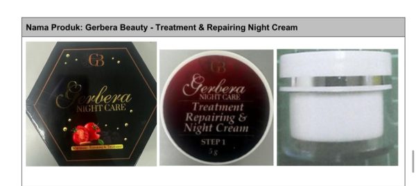 Gerbera Beauty - Treatment & Repairing Night Cream含有对苯二酚、维A酸和倍他米松17-戊酸酯违禁成分。