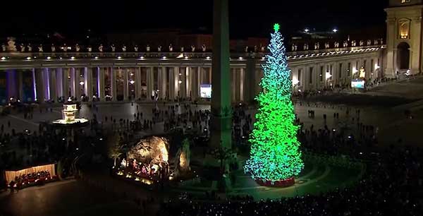 梵蒂冈圣伯多禄广场的圣诞树当地9日亮起灯光。