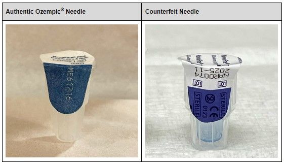 FDA公布假药外观照片，图左为正品注射剂针头，图右为仿造针头。