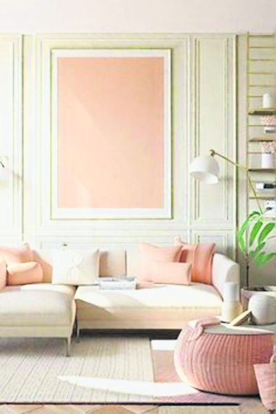 白色和柔和桃色最搭，采用“点到即止”原则，柔和桃色抱枕和墙面，其余空间呈现白色调，并在空间适当融入绿色调如绿植，提供温暖又清新气息。
