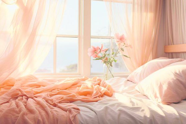 在睡房采用柔和桃色，和窗外自然光相呼应，感受阳光和煦。