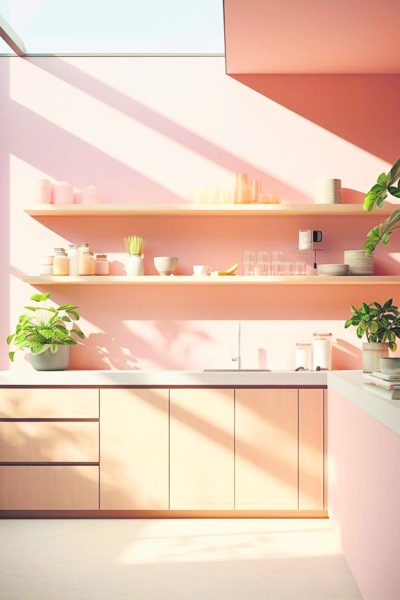 自然光最能展现柔和桃色明媚和暖意。将柔和桃色运用在壁柜，利于收纳，再配合绿植，让厨房充满朝气，烹饪时保持心情舒畅。