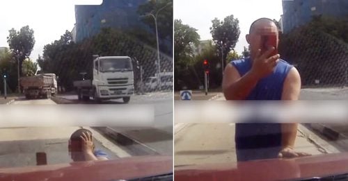 卡车司机挡车 疑被撞 左手捂头 右手拿手机拍摄