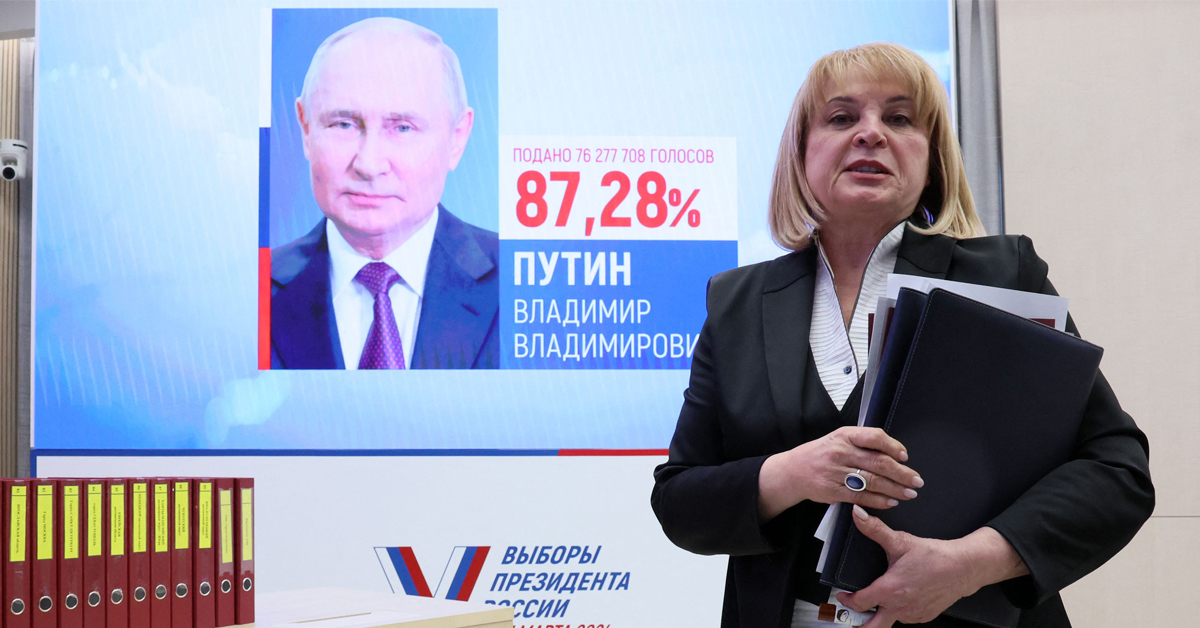俄罗斯中央选举委员会主席帕姆菲洛娃周四正式宣布普汀以87.28%的得票率，连任总统。（法新社）