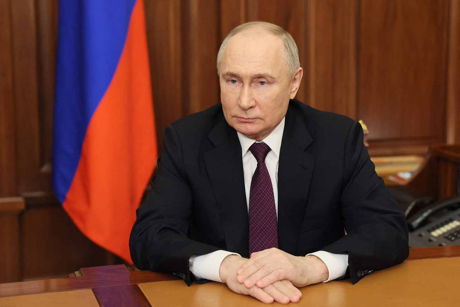 俄总统普汀成功连任后，21日向全国发表讲话。（法新社）