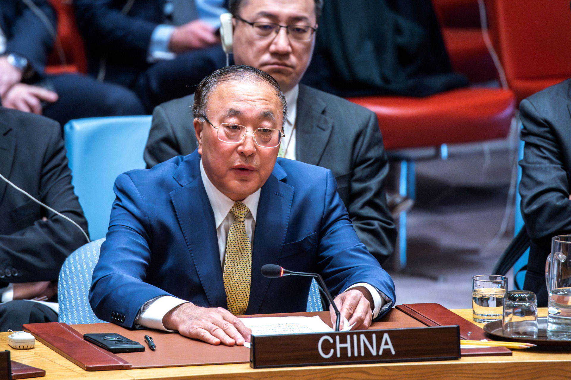 中国常驻联合国代表张军在安理会发言。（法新社）