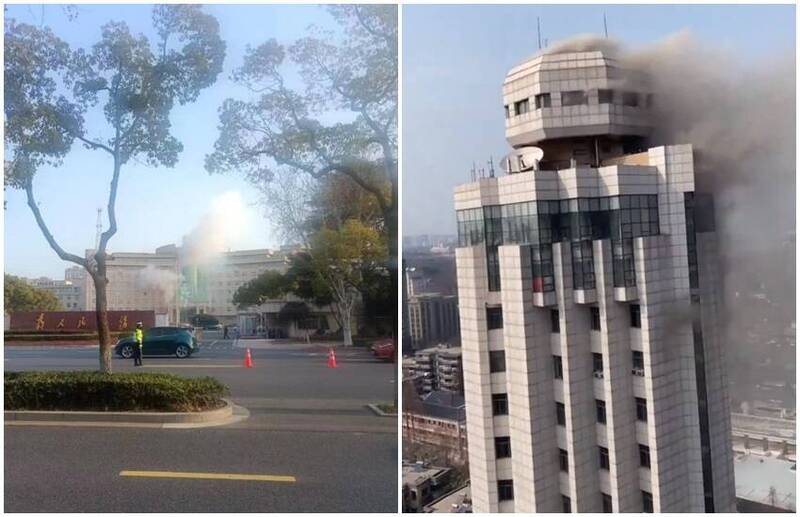江苏省周四在一天之内有2个政府机关大楼发生事故，一处是张家港市政府大楼爆炸（左图），另一处是江苏省公安厅大楼发生大火（右图）。（李老师不是你老师X平台）