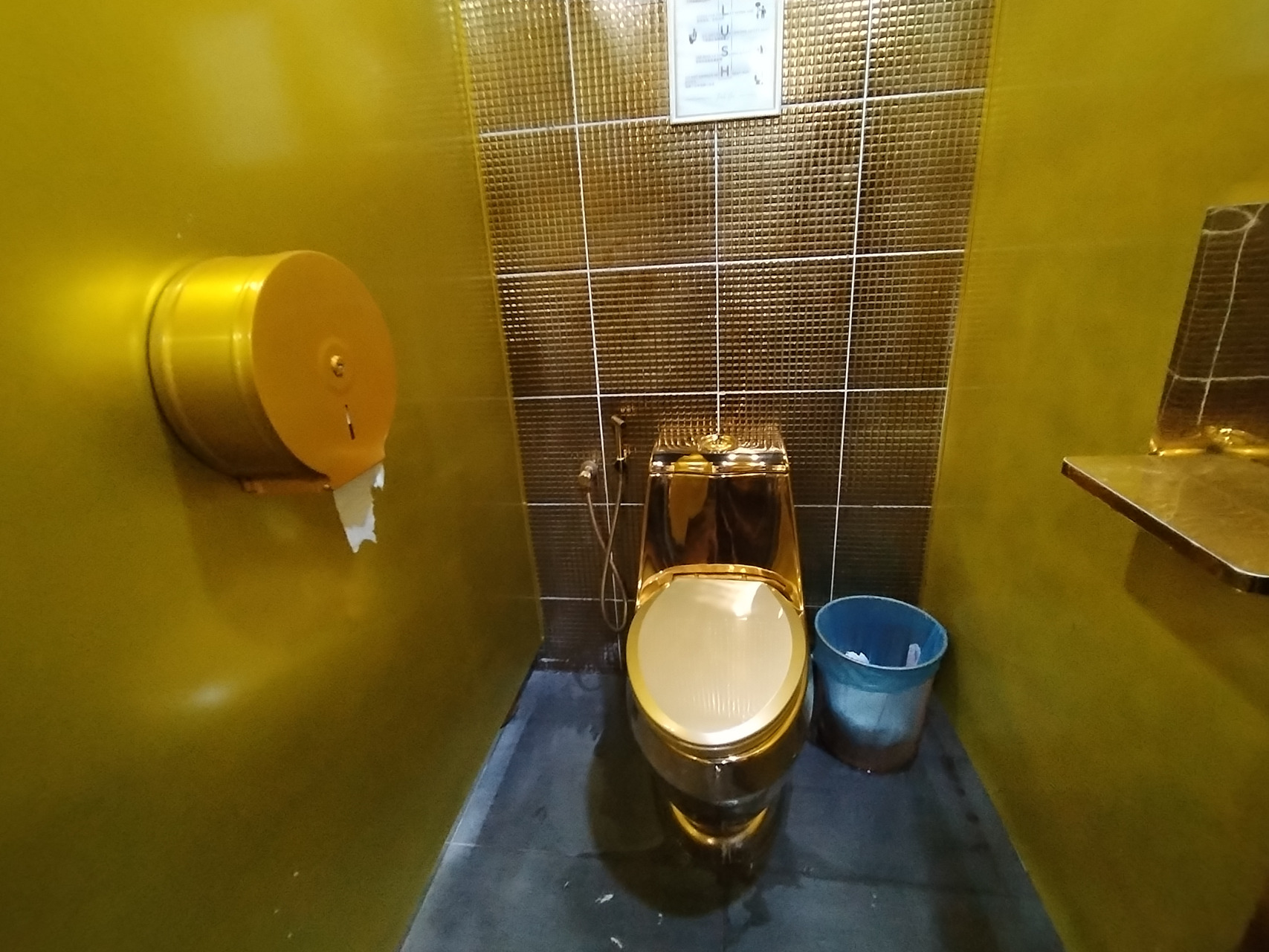 黄金厕所的马桶及墙壁都是金色的。
