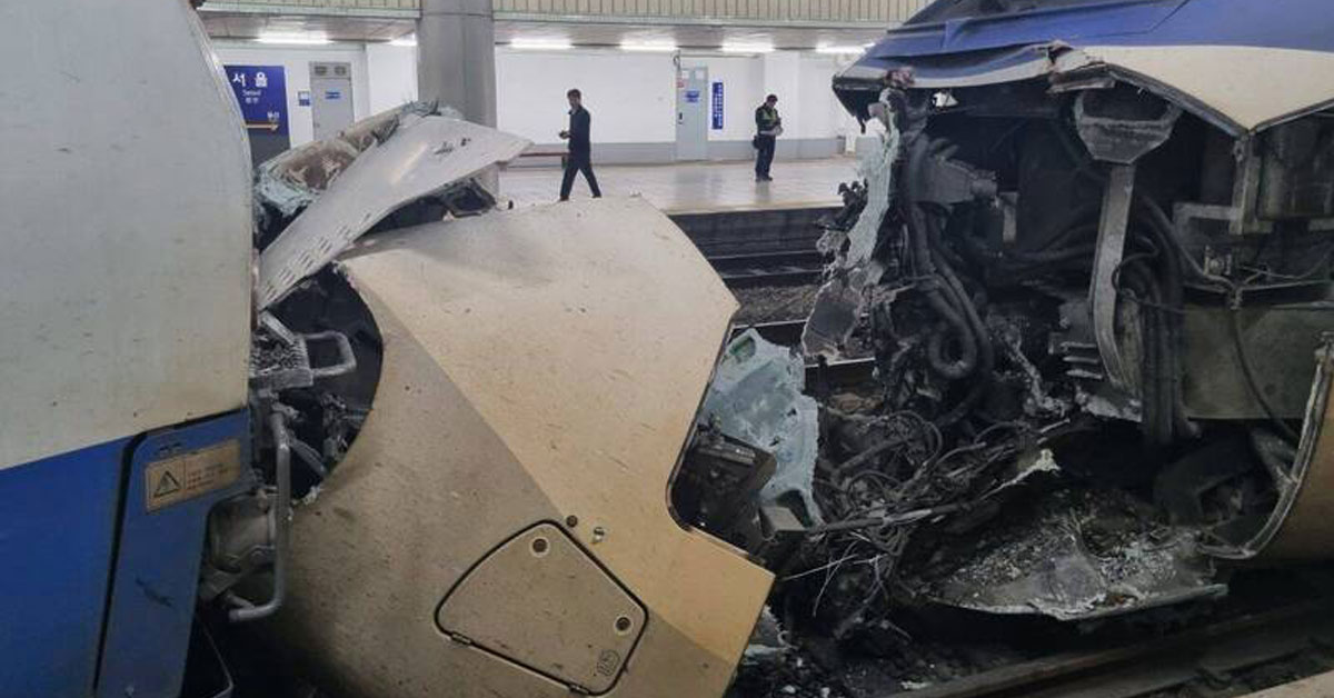 首尔车站2列车追撞 车头毁损 4人受轻伤