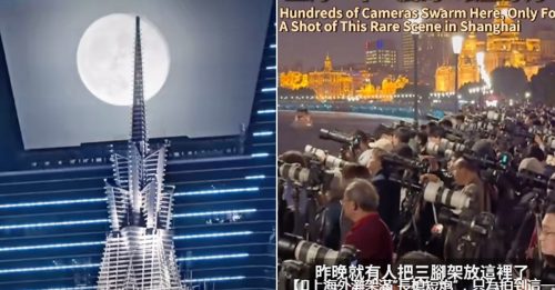 為記錄罕見“環金穿月” 上海外灘聚滿各路攝影師