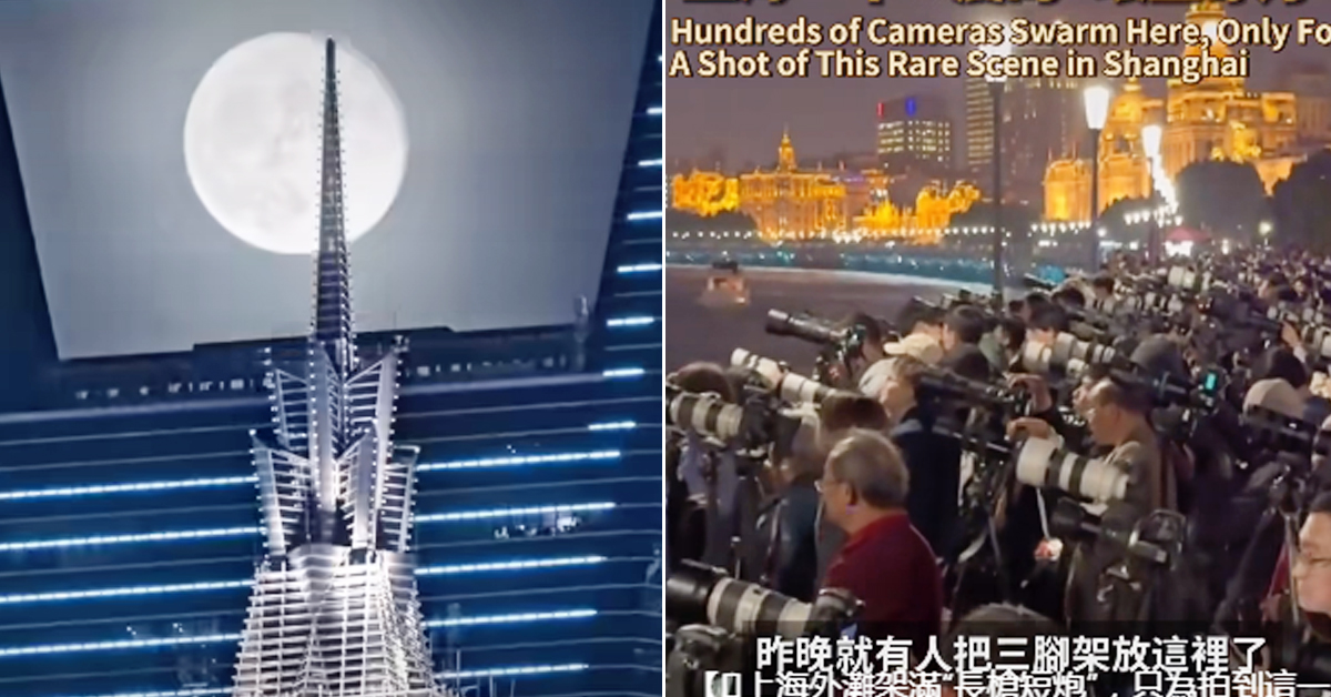 为记录罕见“环金穿月” 上海外滩聚满各路摄影师