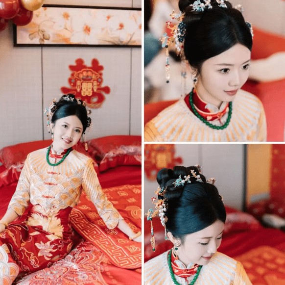 江梦南身穿中式新娘裙褂， 美丽大方。