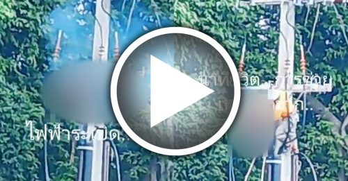 修电线杆触电 工人全身冒烟 高挂半空