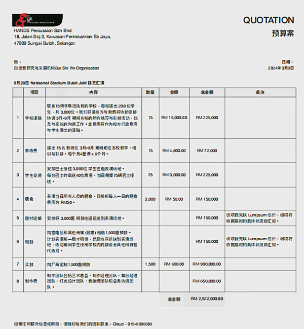 吴圣雄向白世音开出252万2000令吉的表演费（白世音提供）