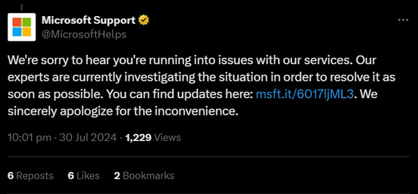 微软30日就宕机道歉。