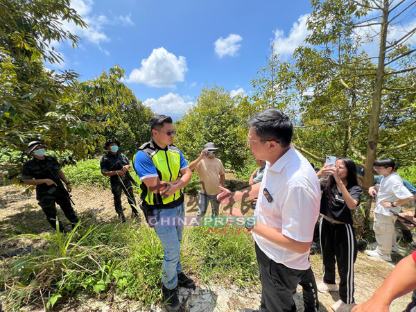 邹宇晖(右)到榴梿园内与执法人员对峙,要求停止砍树行动。