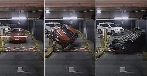 阿伯撞停车场出口 车辆180度倒栽