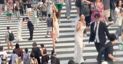 东京涩谷十字路口 有情侣拍结婚照