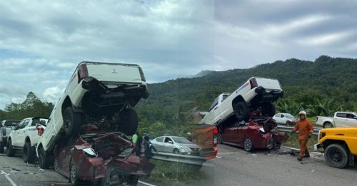 5车连环撞 货卡 轿车 叠罗汉