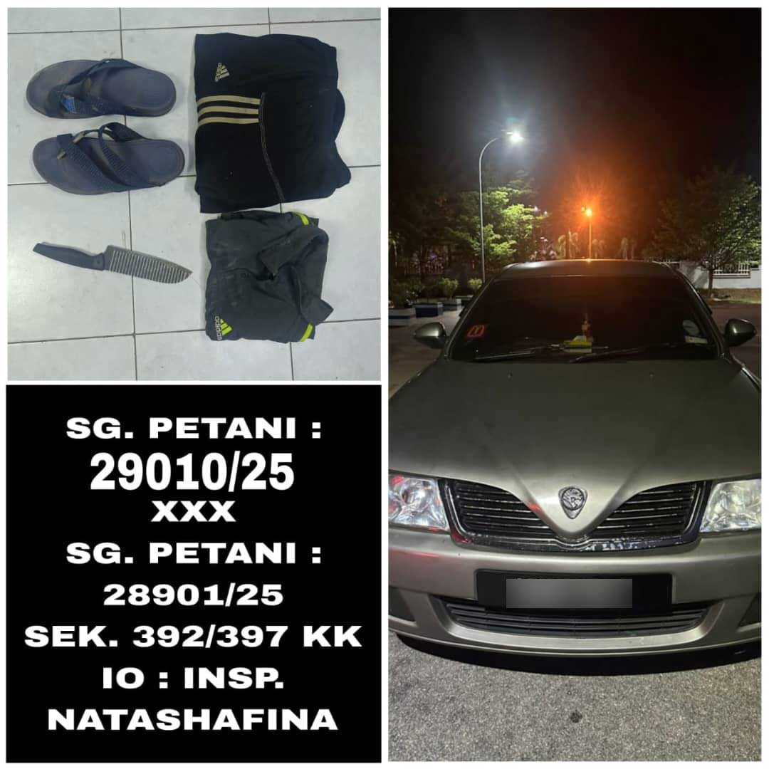 警方起获男子干案时的衣物和利器，同时扣下一辆宝腾华嘉轿车。