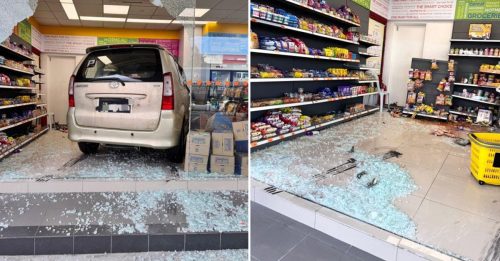 华裔老翁误踩油门 车撞进入油站便利店