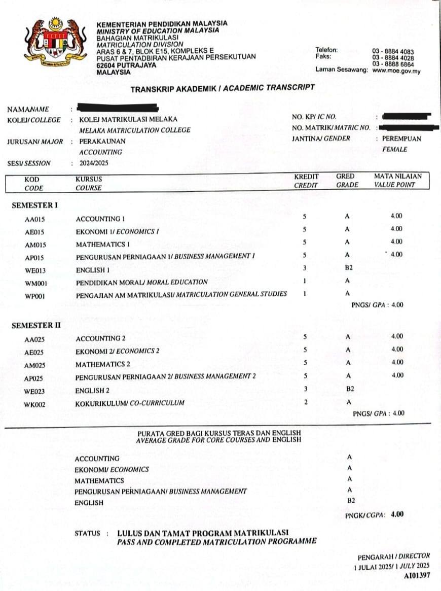 预科班考获CGPA 4.0满分,课外活动也是满分,总积分为100分,李欣湘可说是名副其实的“大满贯学生”。