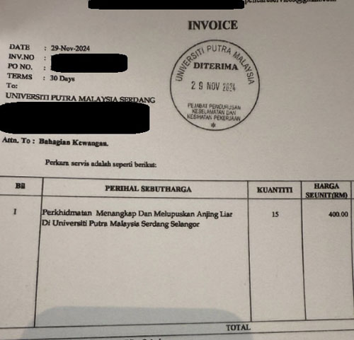 网络流传一张数据,内容提及本地大学以每只400令吉的价格扑灭流浪狗。