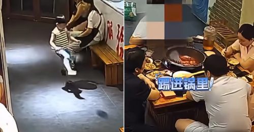 顽童坐不住 踢一脚 拖鞋精准掉入火锅