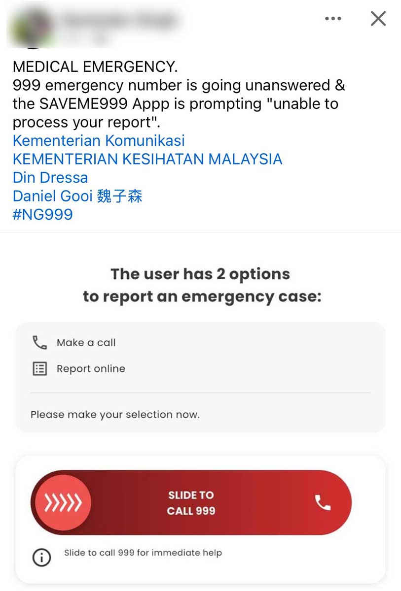 根据阿兹鲁提供的截图，有民众在面书投诉999热线打不通。