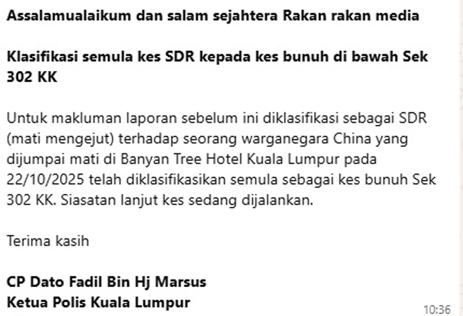 法迪尔宣布，警方援引谋杀罪名，调查台湾女网红谢侑芯在马骤逝案。