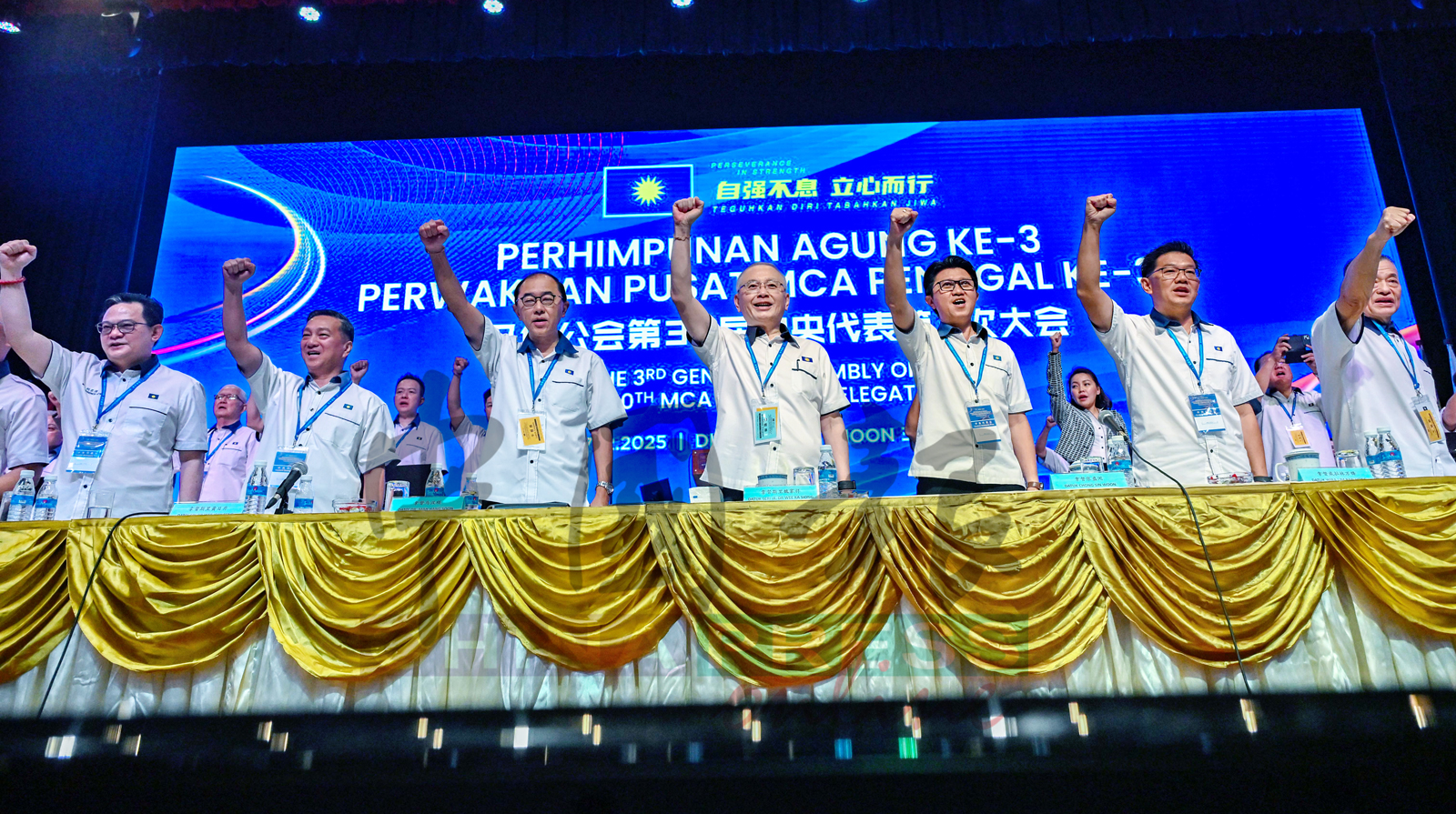 马华众领袖振臂高呼,展现高昂士气。左起为刘亚强、黄日升、马汉顺、魏家祥、张盛闻、林万锋和陈德钦。