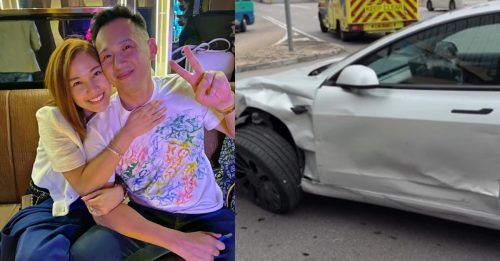 Tesla遭闯灯宝马拦腰撞毁 女星大马富尪死里逃生