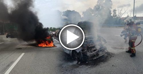 马新第二通道4车连环撞  轿车烧毁 一骑士受伤